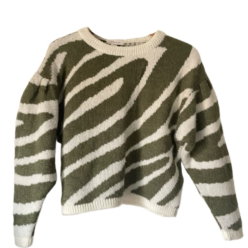 Topshop Olive Green White Zebra Striped Drop Sleeve Sweater Size XS